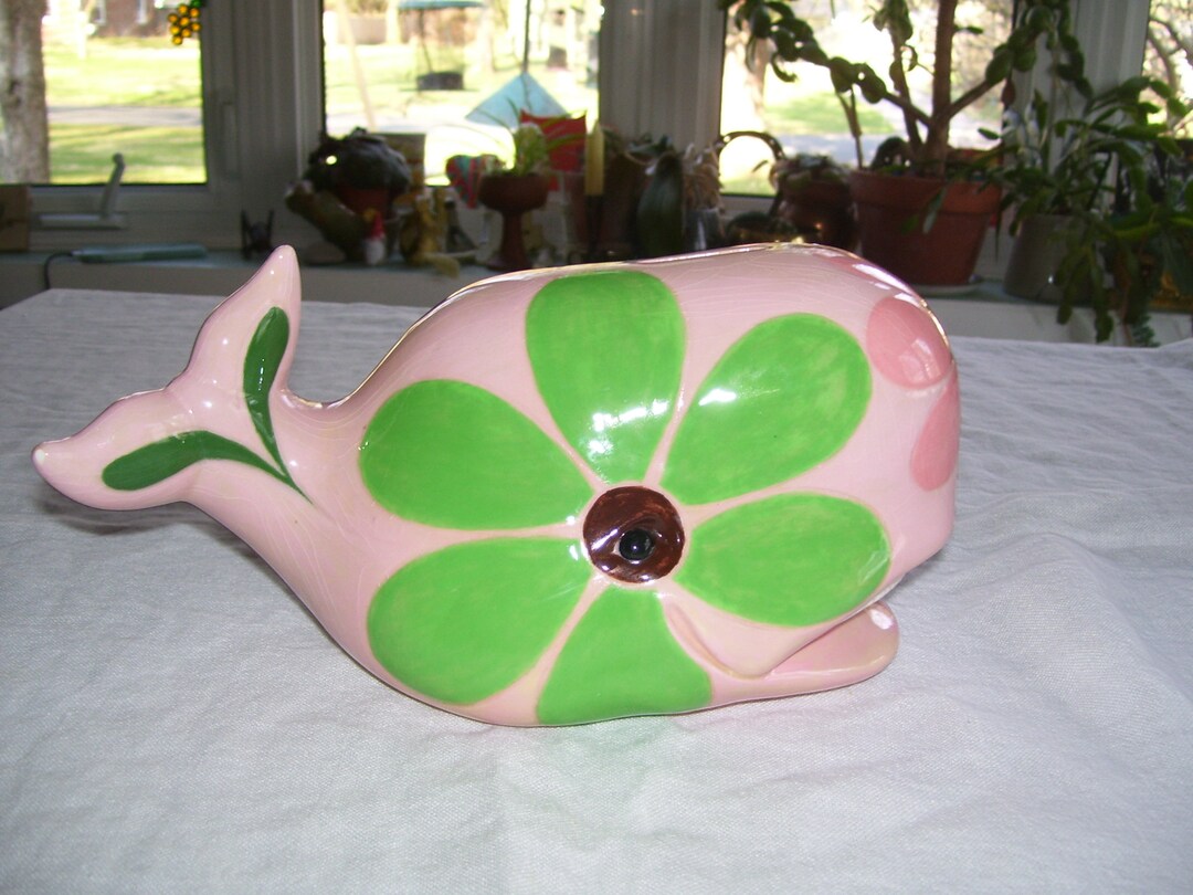Mod Whale Bank Large Whale Bank Ceramic Whale Bank Pink Green 4.5x5x10 Inches Etsy