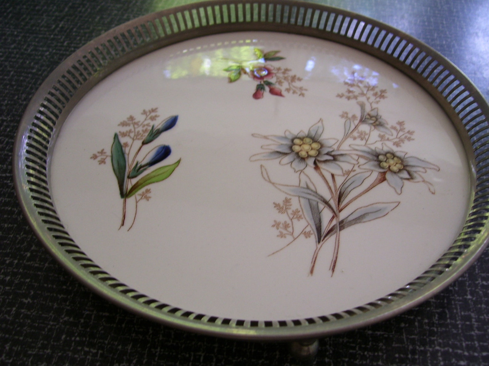 Round Porcelain Dresser Tray Floral Perfume Tray with Metal Etsy
