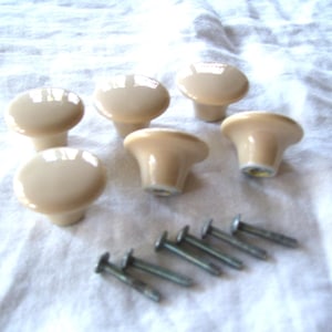 May include: Six beige ceramic cabinet knobs with matching screws are arranged on a white surface. The knobs have a rounded top and a cylindrical base. The screws are silver and have a flat head.