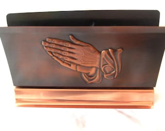 Praying Hands Copper Napkin Holder Tooled Coppercraft Guild Vintage