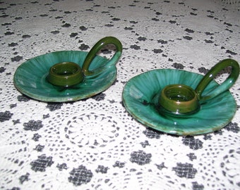Pair Blue Mountain Pottery Candleholder Chambersticks BMP 4.5 inches Vintage