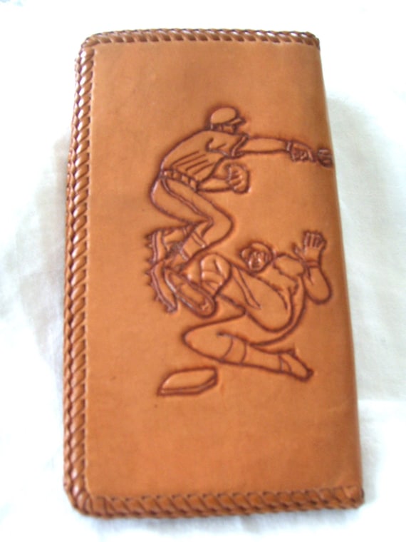 Tooled Leather Wallet Bifold Baseball Theme 4x7.25