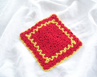 Red and Yellow Crocheted Pot Holder Vintage