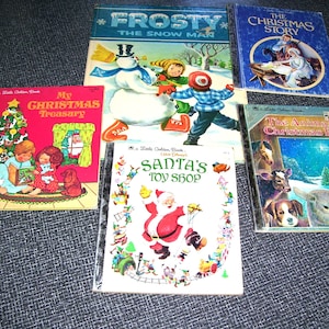 5 Christmas Golden Books Frosty the Snowman, Animals Christmas Eve, My Christmas Treasury, The Christmas Story, Santa&#39;s Toy Shop