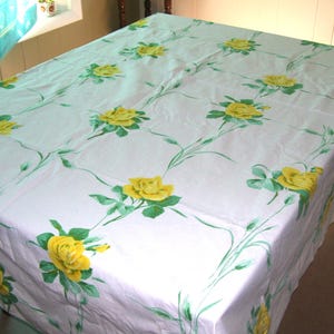 Large Tablecloth Yellow Green on  White Floral Roses Tablecloth Cotton Rectangular 62x81