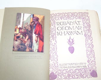 May include: An open book with a purple and white illustrated cover. The title is "Rubaiyat of Omar Khayyam" and the book is illustrated by Frank Brangwyn.