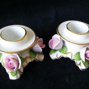 Kaiser Porcelain Pink Rose with Gold Candleholders Pair 1.5x2x2 inches Vintage