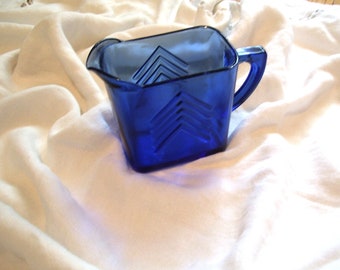 Cobalt Blue Glass Pitcher Hazel Atlas Chevron Creamer Vintage