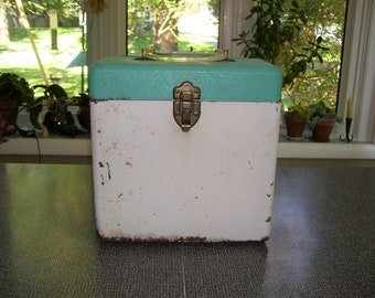 Metal Storage Box Aqua and White with Handle 6.25x10.25x11 Vintage