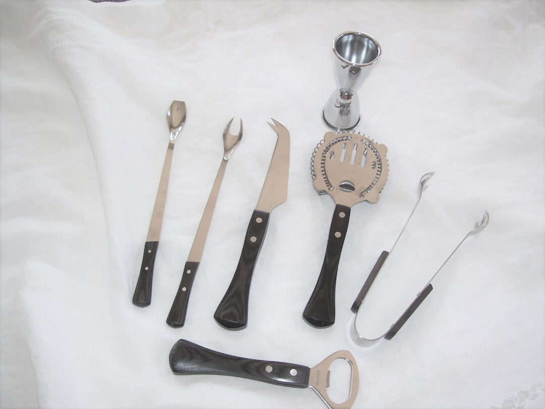 Mid Century Wood Handle Bar Utensils Bar Tools Set of 7 Wood and
