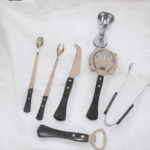 Mid Century Wood Handle Bar Utensils Bar Tools Set of 7 Wood and Stainless Japan Vintage