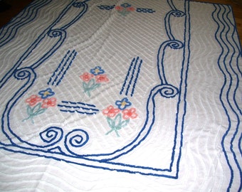 Full Chenille Bedspread Blue on White Floral Cotton 81x99 inches Vintage