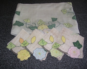 Applique Tablecloth Napkins Set Floral Sheer 34x34 Vintage