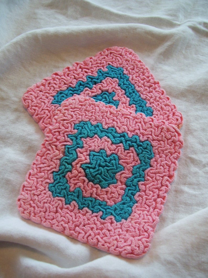 Pink Pot Holder Crocheted Pot Holders Pink and Aqua Set of 2 CLEAN Vintage