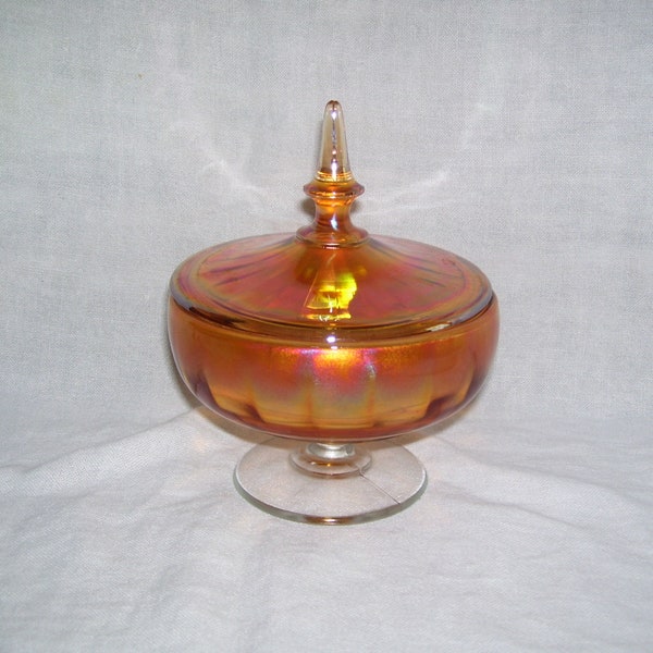 Marigold Carnival Glass Candy Dish with Lid Vintage