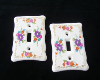 Hand Painted Porcelain Floral Switch Plate Covers Pair Thames Japan Vintage