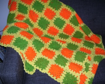 Orange Afghan  Yellow Green Bright Afghan 41x65 Vintage