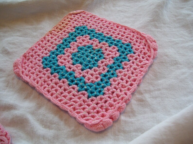 Pink Pot Holder Crocheted Pot Holders Pink and Aqua Set of 2 CLEAN Vintage