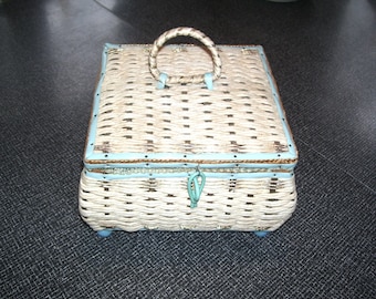 Sewing Basket,  Woven Sewing Box with Music Box Japan 5.5x8.5x8.5 inches  Vintage