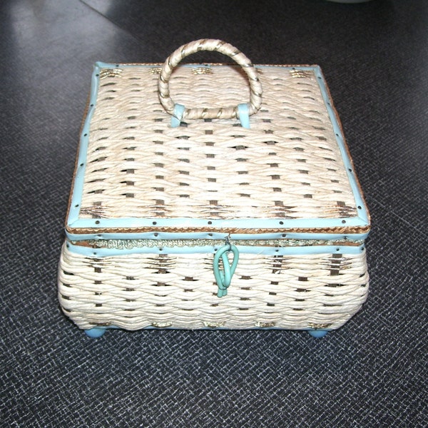 Sewing Basket,  Woven Sewing Box with Music Box Japan 5.5x8.5x8.5 inches  Vintage