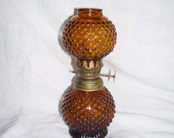 Small Amber Hobnail Oil Lamp with Wick Sailboat Brand 7 inches Vintage