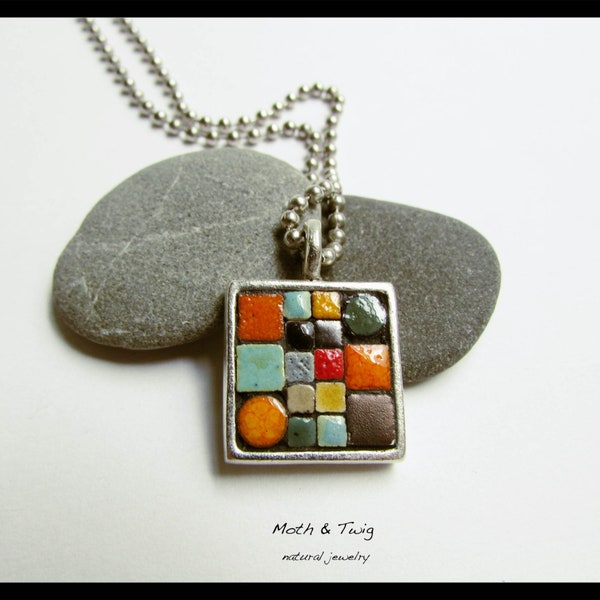 Mosaic Art Jewelry - Mosaic Pendant, Moroccan Ceramic Tiles, Fine Silver Plated Pewter