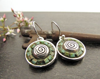 Mosaic Art Dangle Earrings, Silver Swirl, Turquoise Picasso Beads, Boho