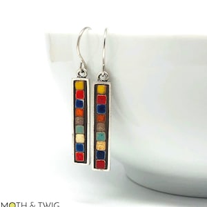 Rechteckige Mosaik Kunst Ohrringe, Fein versilberter Zinn, Argentium Ohrdrähte (Hypoallergen)