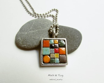 Mosaik Kunst Schmuck - Mosaik Anhänger, marokkanische Keramikfliesen, Feinsilber über Zinn