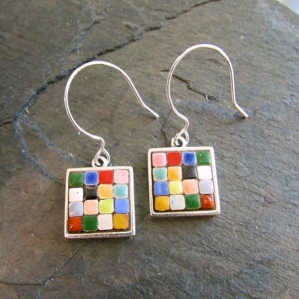 Mosaic Earrings, Mosaic Jewelry, Mosaic Art, Miniature mosaic, Pewter earrings