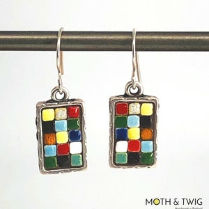 Mosaic Earrings, Mosaic Jewelry,  Moroccan tile, Silver plated brass earrings