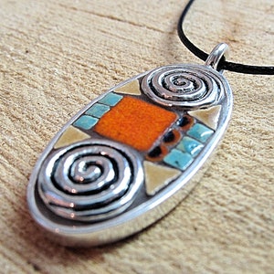 Mosaic Pendant, Mosaic Jewelry, Mosaic Art, Mosaic Necklace, Ceramic Tile, Turquoise, Pewter, Art Jewelry image 1