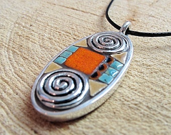 Mosaik Anhänger, Mosaik Schmuck, Mosaik Kunst, Mosaik Halskette, Keramikfliese, Türkis, Zinn, Kunst Schmuck