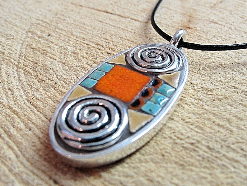 Mosaic Pendant, Mosaic Jewelry, Mosaic Art, Mosaic Necklace, Ceramic Tile, Turquoise, Pewter, Art Jewelry image 1