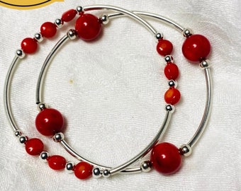 Red Bamboo Coral & Sterling Duo