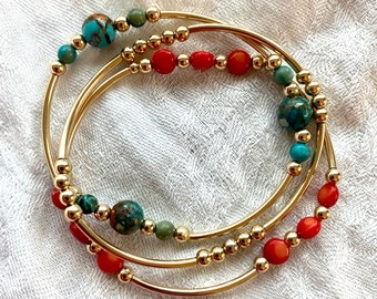 Bamboo Coral & African Turquoise with 14 K Gold Filled Crescents