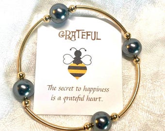 14k Gold Filled Grateful Pearl Bracelet/Dark Gray Pearl