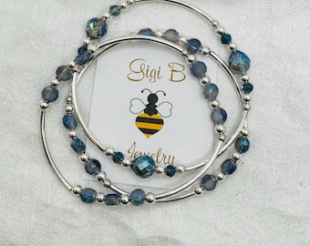 Czech Glass Blue Bead Bangle: Sterling Silver Crescent Bracelet