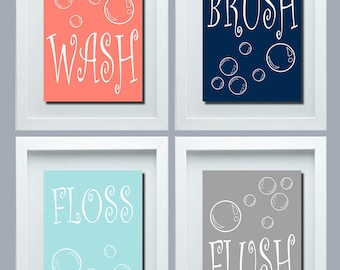 Wash Brush Floss Flush Kids Bathroom Decor Wash Brush Floss Flush Print Kids Bathroom Wall Art Kids Bathroom Rules Bathroom Rules Print