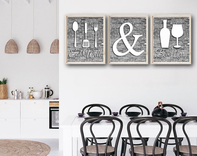 Gray and White Kitchen Wall Art, Eat Well and Be Merry Print, Kitchen