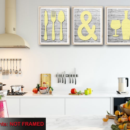 Modern Mustard Gray Kitchen Wall Art Prints Bless the Food Etsy