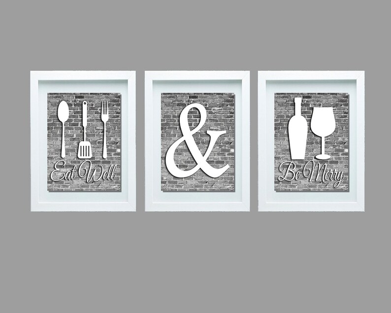 Gray And White Kitchen Wall Art Eat Well Be Merry Print Decor Modern
