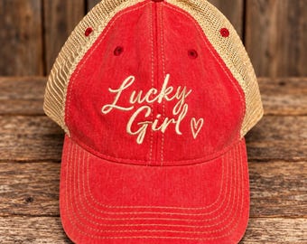 Lucky Girl Trucker Hat – Embroidered Heart, Distressed Red & Tan Mesh Cap, Girls Trip Gift