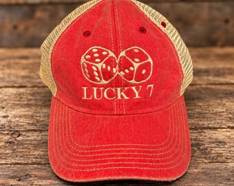 Lucky 7 Dice Hat –  Red & Tan Mesh Cap, Embroidered Casino and Bunco Hat