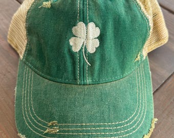 Distressed 4 Leaf Clover Hat: Lucky St. Patrick's Day Baseball Cap