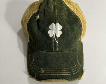 Distressed 4 Leaf Clover Hat: Lucky St. Patrick's Day Baseball Cap