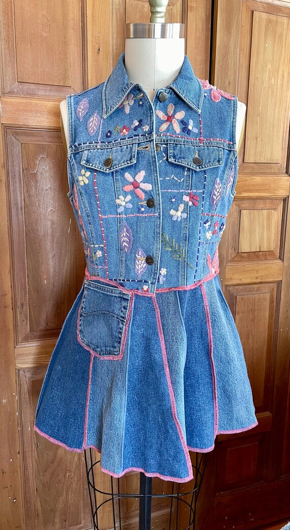denim vest floral dress Guess dress high low denim look vest button up with floral skirt attached  y2k