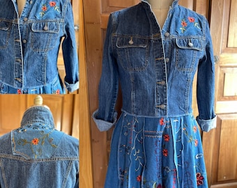 Upcycled recycled repurposed denim and chambray embroidered coat. Lightweight denim jacket tops a paneled skirt of beautiful embroidery.