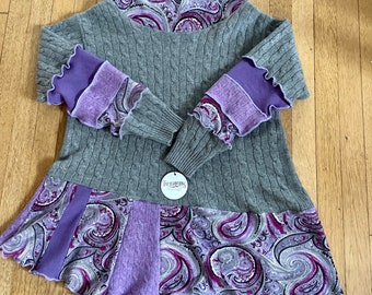 Repurposed cashmere & wool sweaters made into twirly long tunic with loose cowl neck of purple and gray paisley. Size XXL Bust 44”.