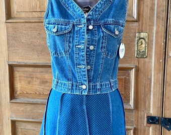 Upcycled recycled repurposed long denim vest with paneled polka dot and chambray skirt. Bust 34” size small.